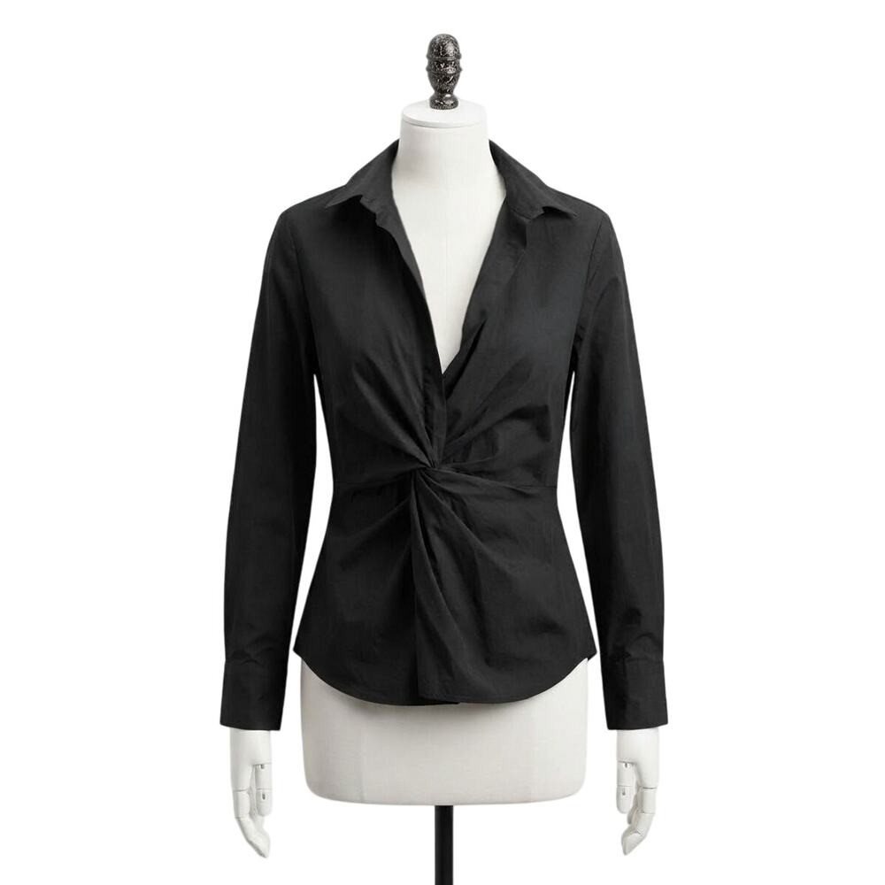 NWT Zara Woman Black Front Knot Twist Long Sleeve Button Down Shirt Blouse Large